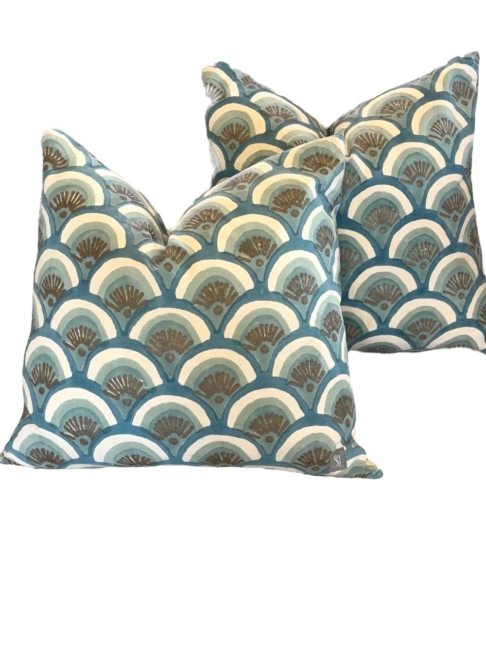 Set of 2 Serena & Lily Blue, White, Brown Geometric Floral Accent pillow covers.